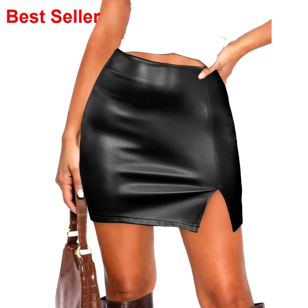Faux Leather Mini Skirt High Waisted Bodycon with Back Zipper and Side Slit